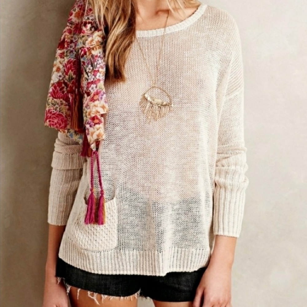 Anthropologie Sparrow Cream Linen Blend Pullover Sweater Size Medium